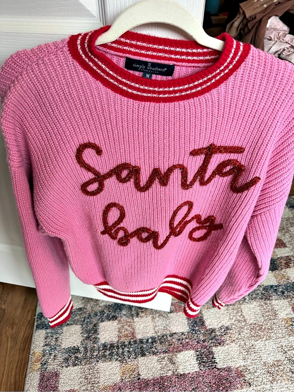 Simply Southern Santa Baby Sweater Pink & Red Medium